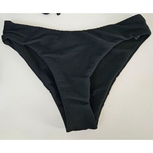 Womens M Black Ribbed Two-Piece Strapless Bikini Set Drawstring Bandeau Top Sexy - Picture 7 of 10